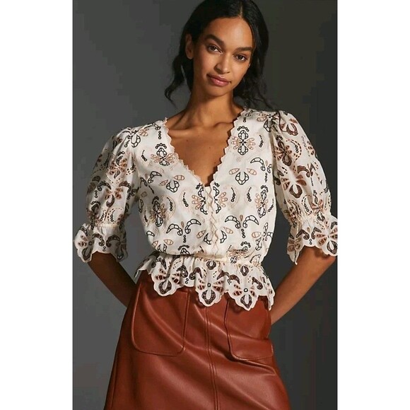 Nwt By Anthropologie Eyelet Short-Sleeve Blouse size Small Floral Resort  Boho - Picture 1 of 8